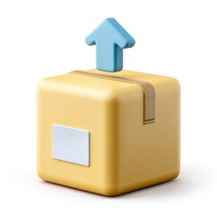 Yellow 3D Package with Blue Upload Arrow Icon shipping