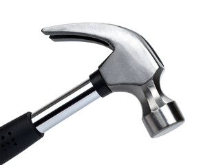 Close up view of a shiny claw hammer tool object on transparent background