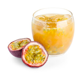 Tasty passion fruit drink and fresh fruits isolated on white