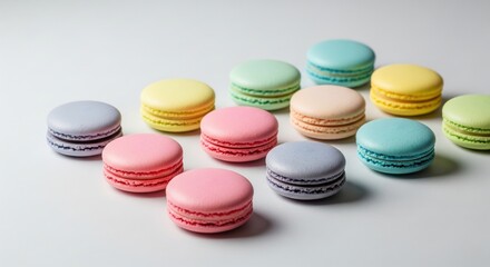 Obraz premium A close-up of a colorful assortment of macarons, representing desserts, sweets, French pastry, treats, and indulgence.