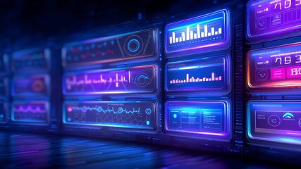 Advanced technological dashboard with curved holographic panels displaying complex data visualization. Vibrant blue and purple color scheme reveals intricate statistical information - Powered by Adobe