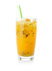 Tasty passion fruit drink isolated on white