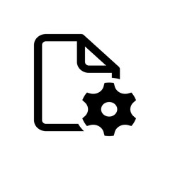 A simple black and white icon depicting a document with a folded corner and a gear overlaying it icon design