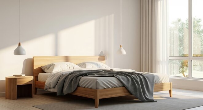 Minimalist Bedroom Interior. A bright and airy minimalist bedroom featuring a wooden bed frame, clean white linens, a grey blanket, and natural light streaming in through a large window, symbolizing
