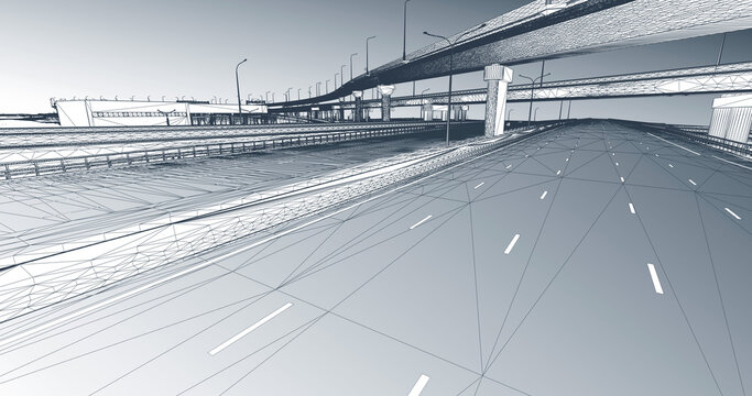 3D Wireframe Model of a Highway Interchange with Overpasses &ndash; BIM Civil Engineering Visualization