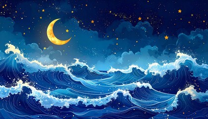 Dreamy Nightscape Crescent Moon over Ocean Waves with Starry Sky