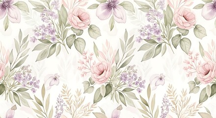 Seamless floral pattern with vintage pink flowers and green leaves vector background design