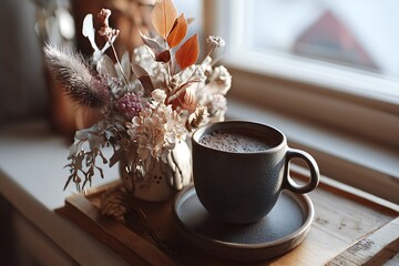 Morning coffee ritual captured indoors with serenity and relaxation, evoking a peaceful and cozy atmosphere in a close-up shot.