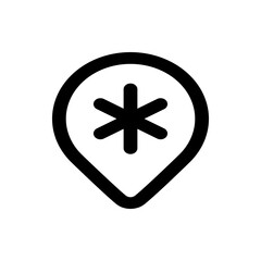 Obraz premium A simple black and white icon featuring a location pin with a medical star symbol inside it centered design