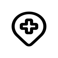 A simple black and white icon showing a location pin with a plus sign centered inside the shape symbol