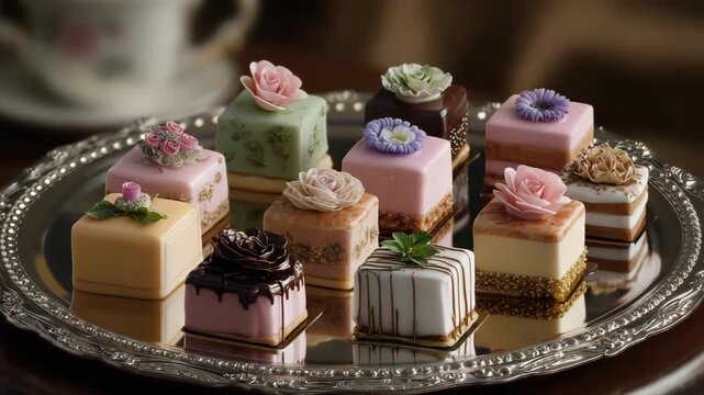 Decorative cakes displayed on a silver platter at a bakery