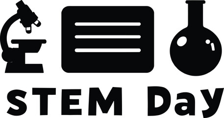 STEM Day Icon Trio Vector Featuring Microscope, Chalkboard, and Flask in Black and White Line Art Style