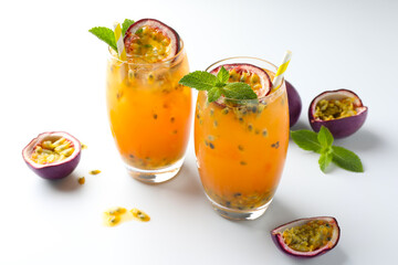 Tasty passion fruit drink with mint in glasses and fresh fruits on white table