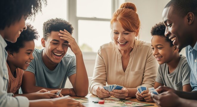 Family Having Fun Playing Board Game. A multi-generational family is gathered around a table, joyfully playing a board game, showcasing family bonding, laughter, and togetherness. - Powered by Adobe