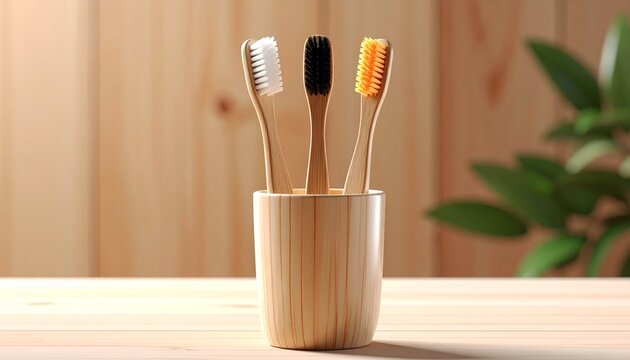 Eco-friendly oral hygiene with a trio of natural bamboo toothbrushes with colorful bristles in a matching cup on a wooden surface