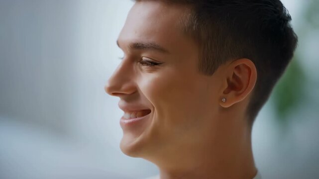 Young androgynous man smiling and laughing