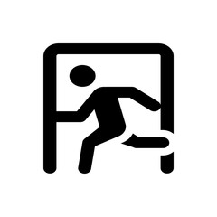 A black and white icon depicting a person running or exiting through a doorway or an emergency exit symbol