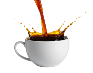 Coffee splash in white cup morning beverage shot on transparent background