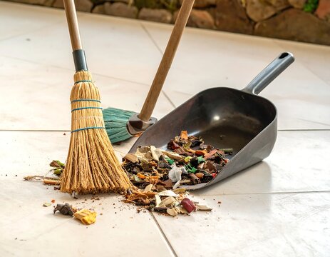 Broom and dustpan with debris on tiled floor - Powered by Adobe