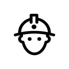 A simple black and white line drawing icon depicting a person wearing a hard hat safety construction helmet
