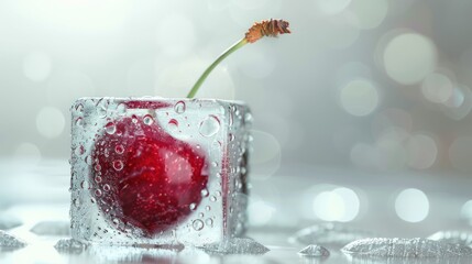 Fresh cherry in ice cube