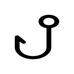 A simple black and white illustration of a fishing hook with a curved shape and a circular eyelet design