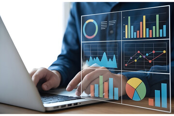 Modern Data Analysis Illustration with Person Using Laptop and Colorful Charts