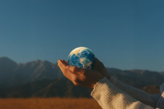 Hands Holding Glowing Globe of Fragile World