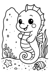 Cute cartoon seahorse with starfish and sea snail in ocean coloring page