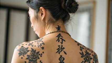 Close Up of Asian Woman Back with Full Kanji Tattoos for Body Art Culture