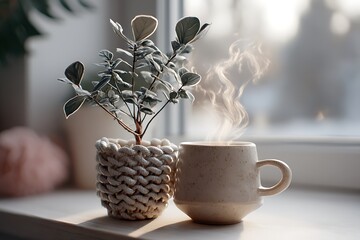 Morning coffee ritual with a potted plant by the window, captured indoors in soft natural light for a cozy, relaxing atmosphere.