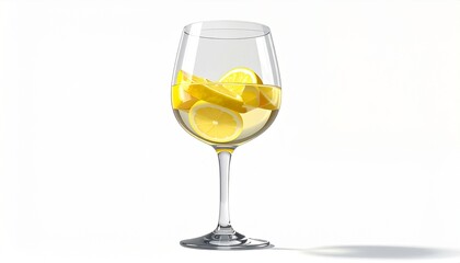 Clean 3D render of big wine glass with lemon wedges, isolated white background, ideal for beverage branding, health, citrus drinks, and fresh product showcase.