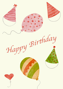 Watercolor birthday card design with colorful balloons and festive elements on lemon yellow background perfect for cheerful greetings and celebration invitations
