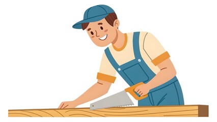 Male Carpenter Cutting Wooden Board Illustration