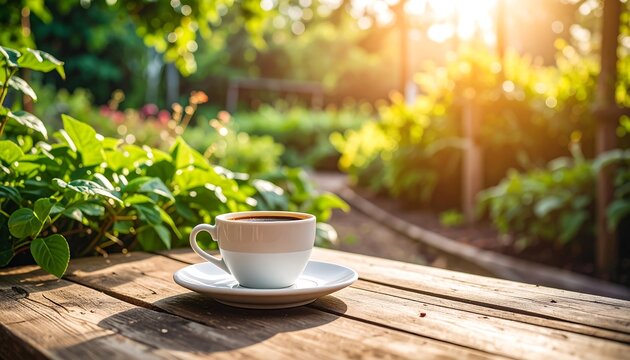 A cup of coffee on a rustic wooden table in a garden setting bathed in sunlight