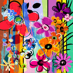 abstract background composition with flowers, with paint strokes, splashes and geometric lines