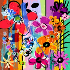 Fotobehang Abstract met Penseelstreken abstract background composition with flowers, with paint strokes, splashes and geometric lines  © Kirsten Hinte