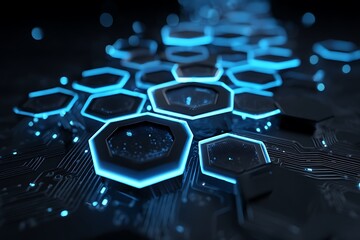 Neon blue hexagons pulsing over a dark tech grid with circuits humming beneath, weaving futuristic rhythms and digital life.