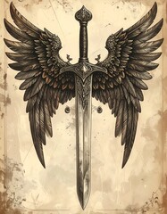 Sword with wings, vintage art style
