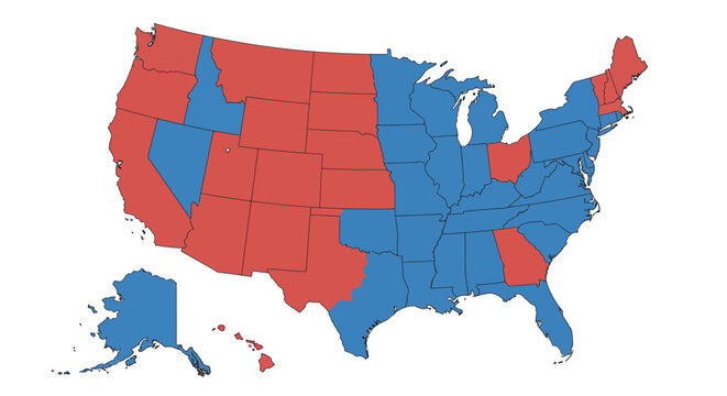 Political map of the United States illustrating the division of electoral votes between red and blue states during a presidential election