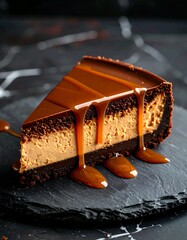 Decadent slice of creamy caramel cheesecake with a rich chocolate crust, drizzled with luscious sweet sauce on a dark slate background