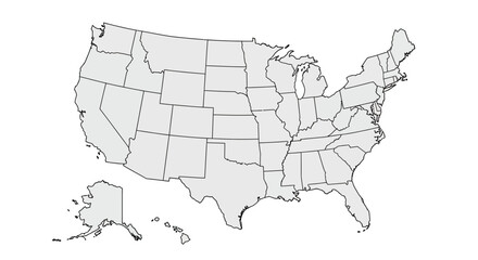 Grayscale vector outline map of the United States, clearly delineating all individual states and Alaska, perfect for geographical studies and data visualization