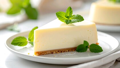 A delectable slice of classic creamy cheesecake garnished with vibrant fresh mint leaves, presented on a white plate for a delightful and refreshing dessert experience