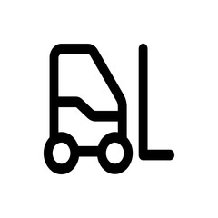 A simple black and white line drawing depicting a forklift truck icon with a minimalist design style present