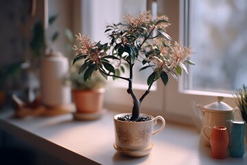 Morning coffee ritual with a potted plant by the window, captured indoors in soft natural light for a cozy, relaxing atmosphere.