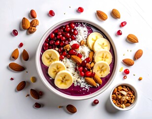 A vibrant and healthy breakfast smoothie bowl generously topped with fresh banana slices, pomegranate seeds, shredded coconut, and crunchy almonds