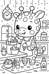Cute giraffe making ice cream in kitchen line art for coloring book