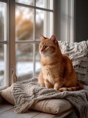 A beautiful ginger cat sits comfortably on a knitted blanket and cushion in a window seat, gazing out the window on a cozy winter day.