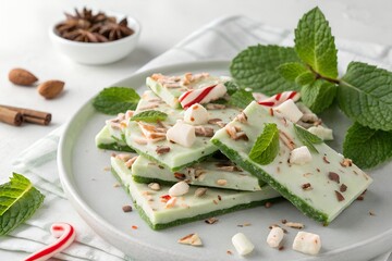 Stack of festive green mint bark dessert with white chocolate, caramel pieces, and fresh peppermint on a light plate