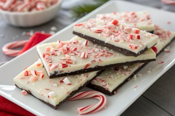 Stack of festive white chocolate peppermint bark dessert on a serving platter with candy canes and holiday decor
